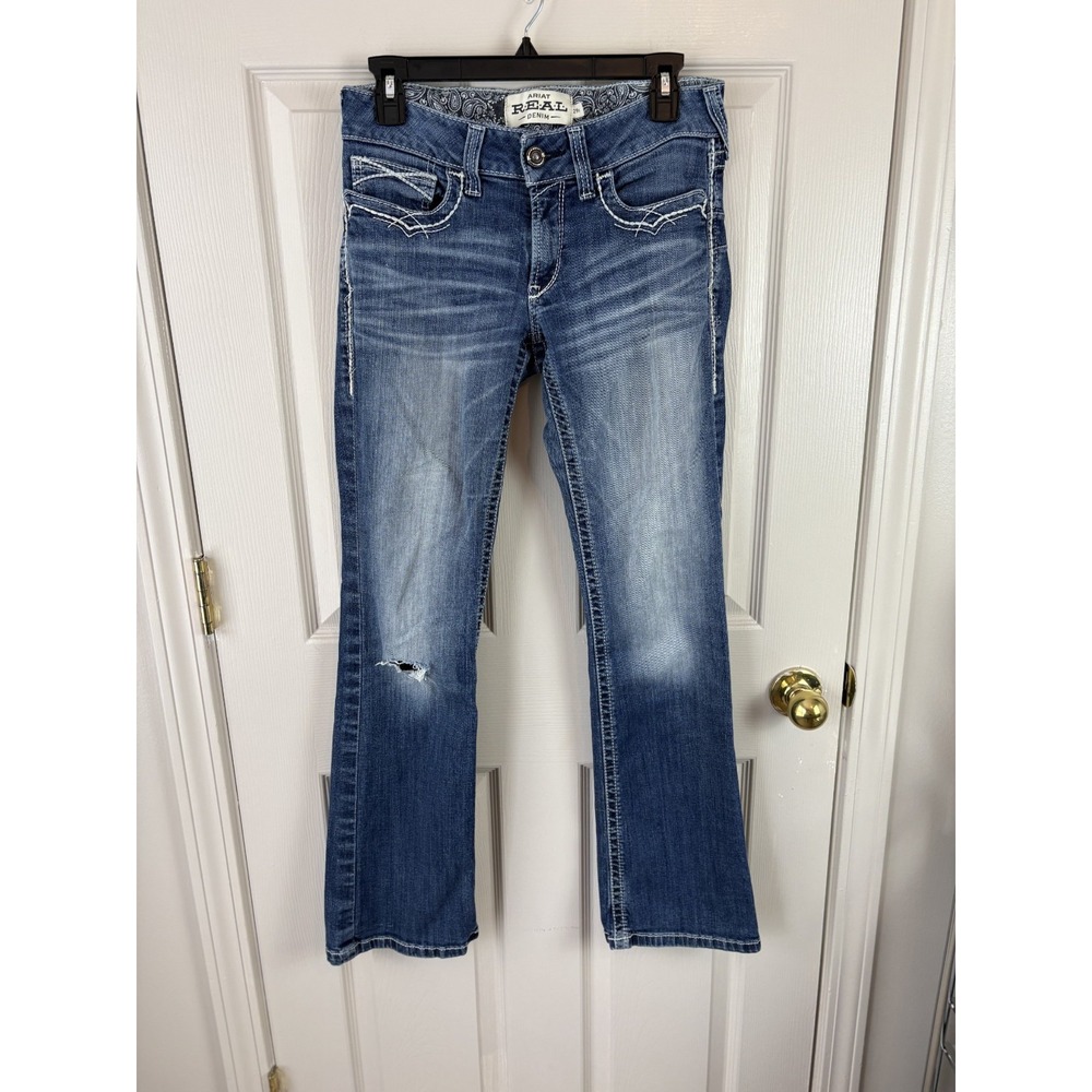 Ariat REAL Bootcut Jeans Womens 25 Blue Fair Distressed Embroidered Low Rise